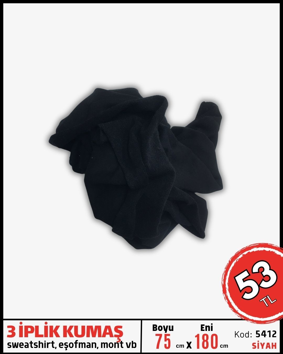 3 İplik Kumaş Penye Parça 75x180 cm Siyah