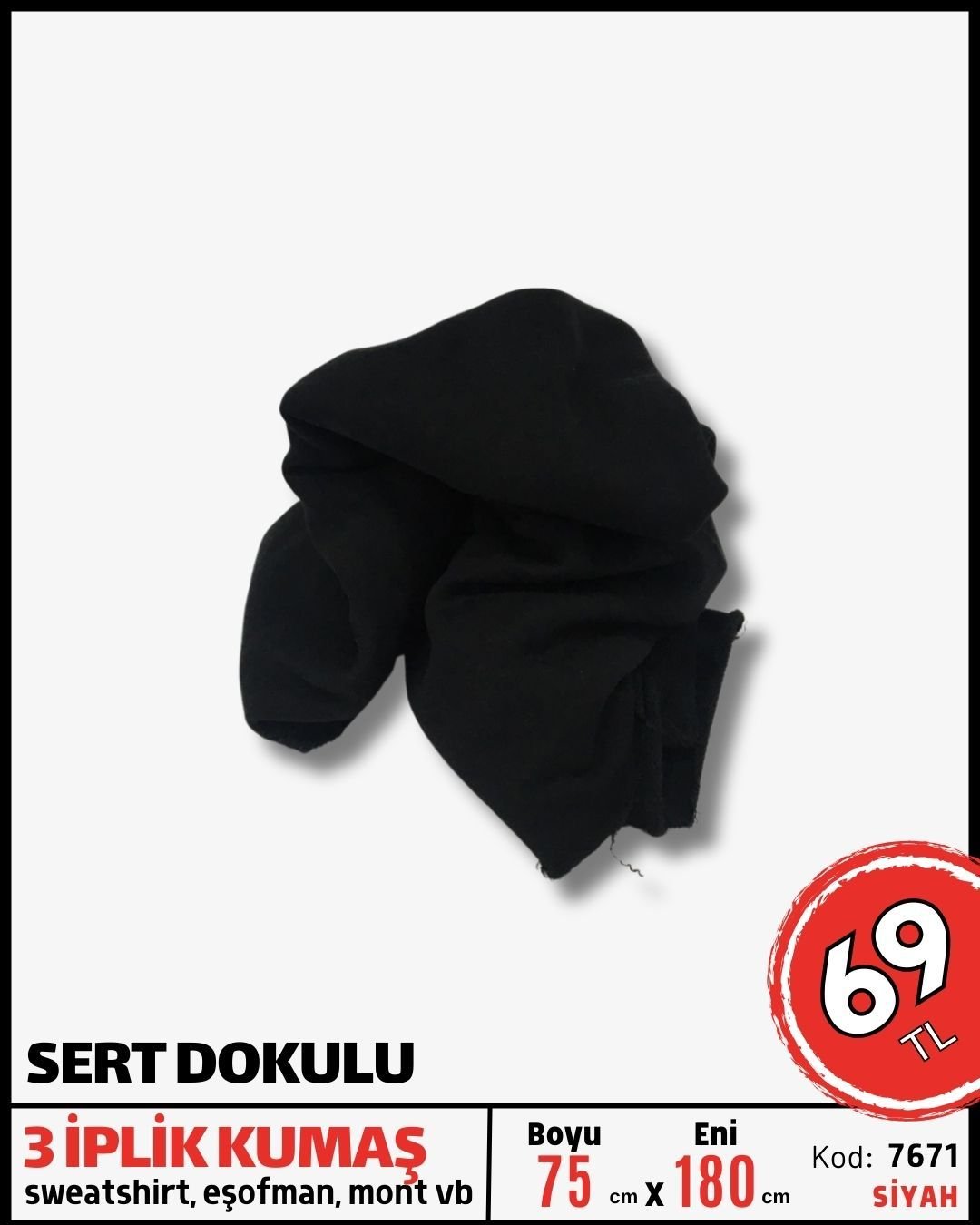 Şardonlu 3 İplik Kumaş Parça 75x180 cm Siyah