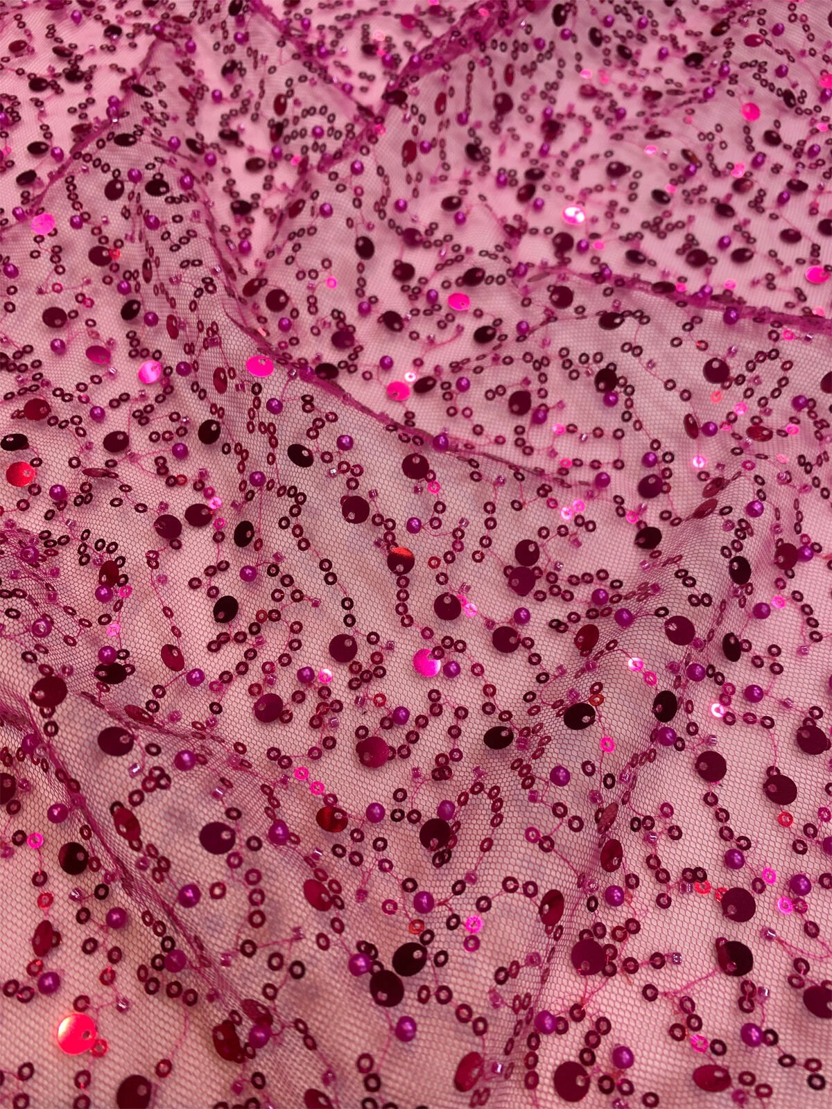 İncili Pullu Fuşya Tül Kumaş