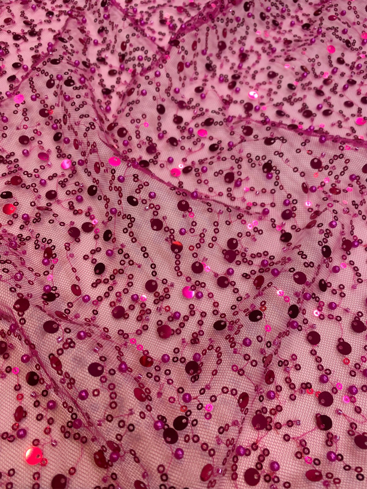 İncili Pullu Fuşya Tül Kumaş