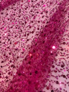 İncili Pullu Fuşya Tül Kumaş