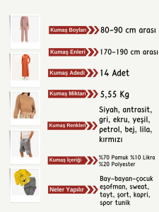 Diz Yapmaz 2 İplik Esnek Kumaş Seti, Boyları 80-90 cm arası 14 adet