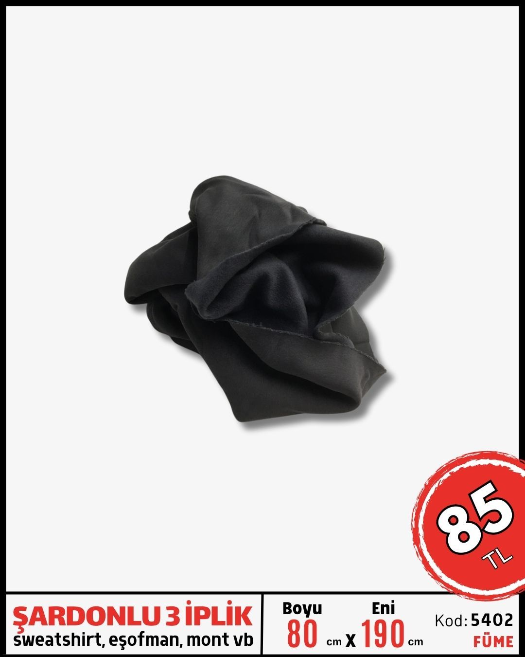 Şardonlu 3 İplik Kumaş Parça 80x190 cm Füme