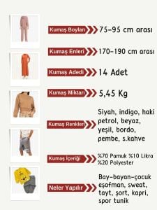 Diz Yapmaz 2 İplik Esnek Kumaş Seti, Boyları 75-95 cm arası 14 adet
