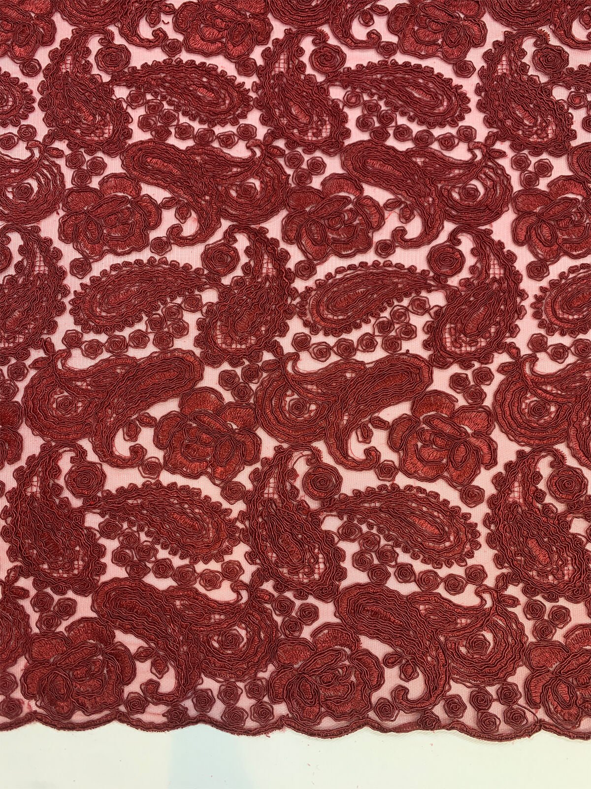 Bordo Kordone Dantel Kumaş – Şal Desenli