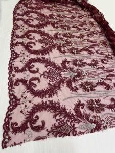 Boncuk Pul Gümüş Nakış İşlemeli Abiyelik Kumaş - Mürdüm Rengi
