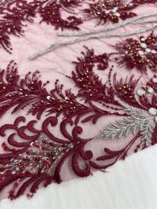 Boncuk Pul Gümüş Nakış İşlemeli Abiyelik Kumaş - Mürdüm Rengi