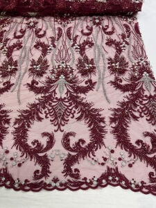 Boncuk Pul Gümüş Nakış İşlemeli Abiyelik Kumaş - Mürdüm Rengi