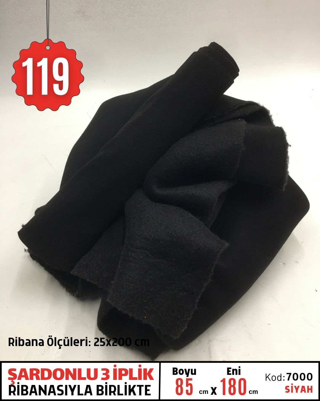 Ribanası ile Şardonlu 3 İplik Kumaş Parça 85x180 cm Siyah