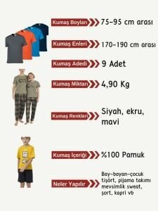 Tok Süprem Kumaş Penye Seti, Boyları 75-95 cm arası 9 adet