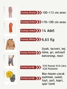 Diz Yapmaz 2 İplik Kumaş Seti, Boyları 100-115 cm arası 14 adet