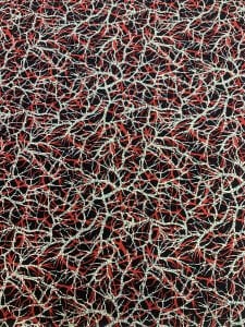 Desenli Viskon Penye Kumaş Dökümlü Esnek Elbiselik - Siyah Zemin Kırmızı Beyaz Soyut Desen