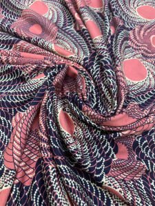 Desenli Viskon Penye Kumaş Dökümlü Esnek Elbiselik - Pudra Lacivert Dairesel Desenli