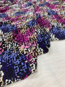 Desenli Viskon Penye Kumaş Dökümlü Esnek Elbiselik - Fuşya Mavi Mozaik Desenli