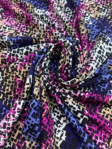 Desenli Viskon Penye Kumaş Dökümlü Esnek Elbiselik - Fuşya Mavi Mozaik Desenli