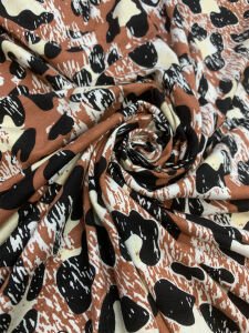 Desenli Viskon Penye Kumaş Dökümlü Esnek Elbiselik - Kahve Leopar Desen