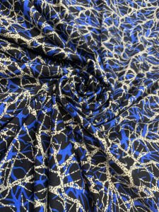 Desenli Viskon Penye Kumaş Dökümlü Esnek Elbiselik - Siyah Zemin Mavi Krem Soyut Desen