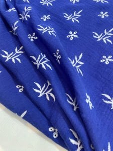 Nakış İşlemeli Müslin Kumaş Saks Mavi