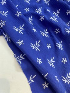 Nakış İşlemeli Müslin Kumaş Saks Mavi