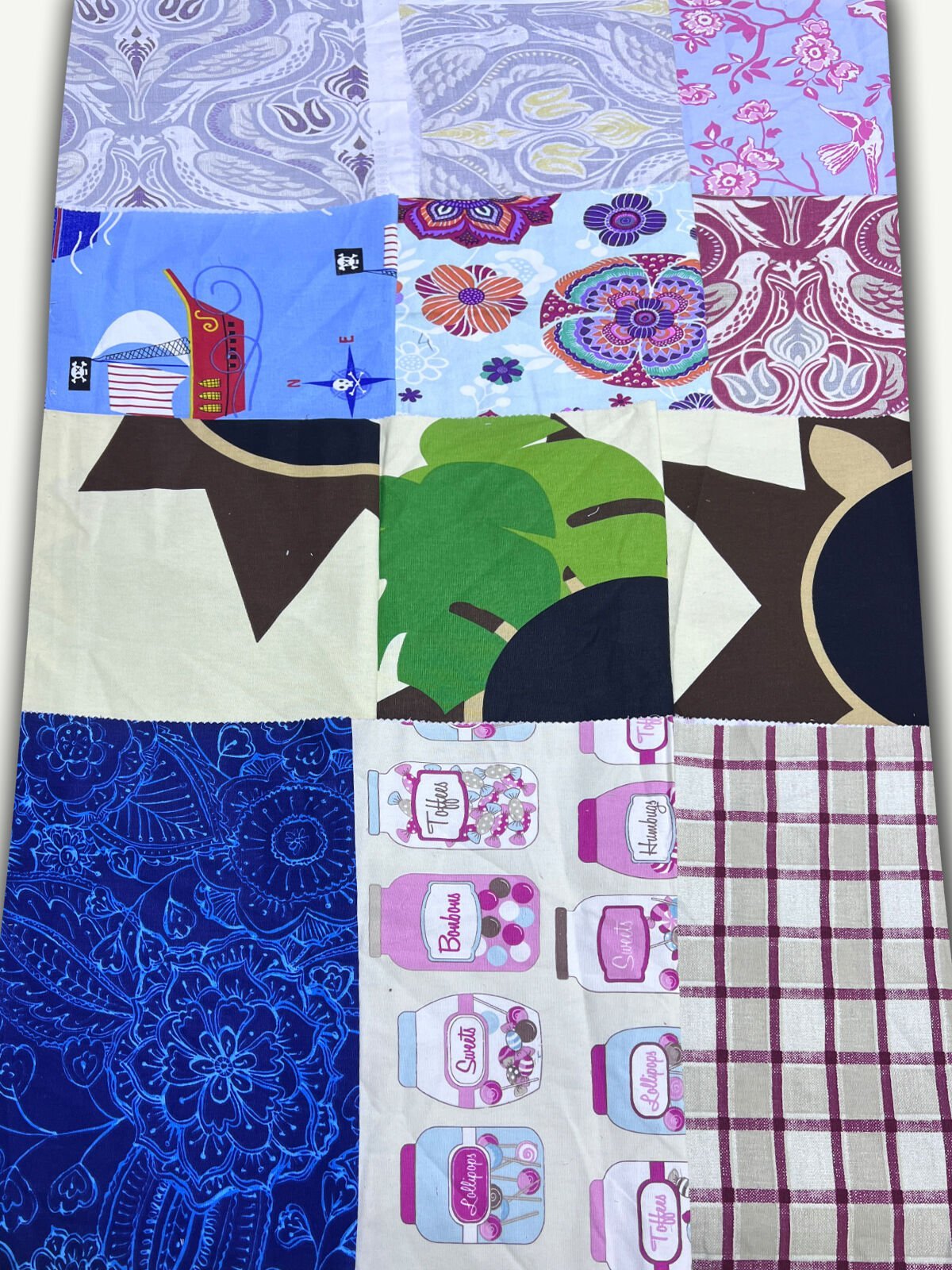 Duck Kumaş Desenli, Parça 40x50 cm 12 adet Patchwork Kumaşları