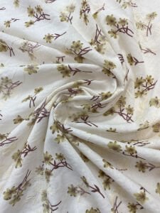 Nakış İşlemeli Hardal Küçük Çiçek Desenli Pamuk Kumaş