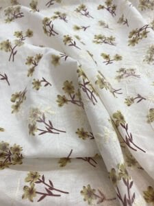 Nakış İşlemeli Hardal Küçük Çiçek Desenli Pamuk Kumaş